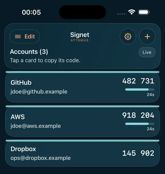 Attomus Signet showing authentication codes generated on-device